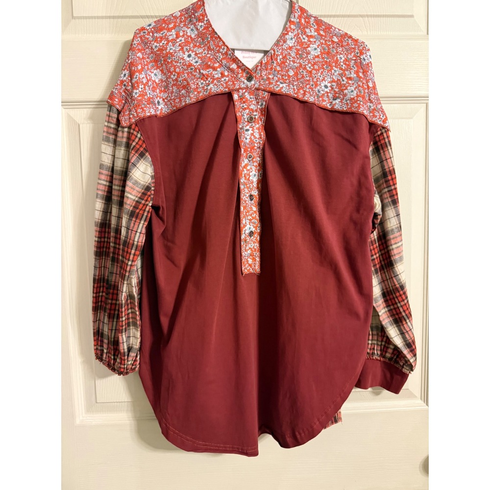 Prissy Hen Boutique Mixed Media Top Floral Plaid Patchwork Burgundy Red medium.